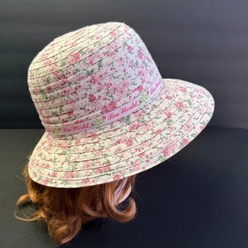 SeaWorld Floral Sun Hat Adult OS Pink White Braided 100% Cotton Wide Brim Beach